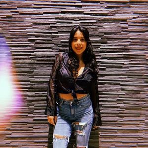 F21 long sleeve sheer black button up shirt